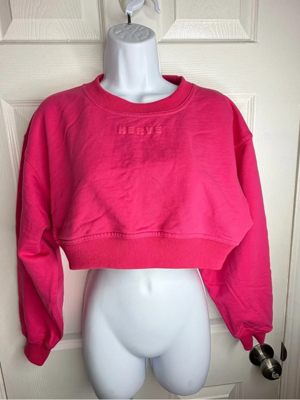 Herve Leger Women’s Small Pink Cropped Logo Sweatshirt S Long Sleeve Pullover